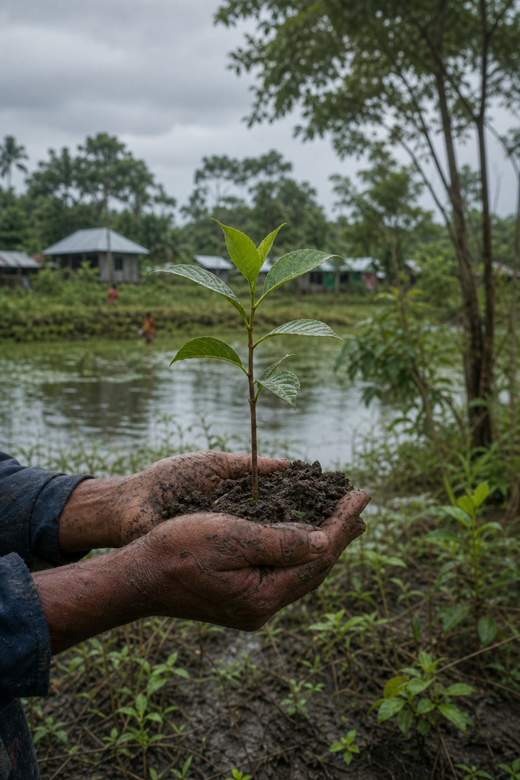 A person cradling a tree sapling