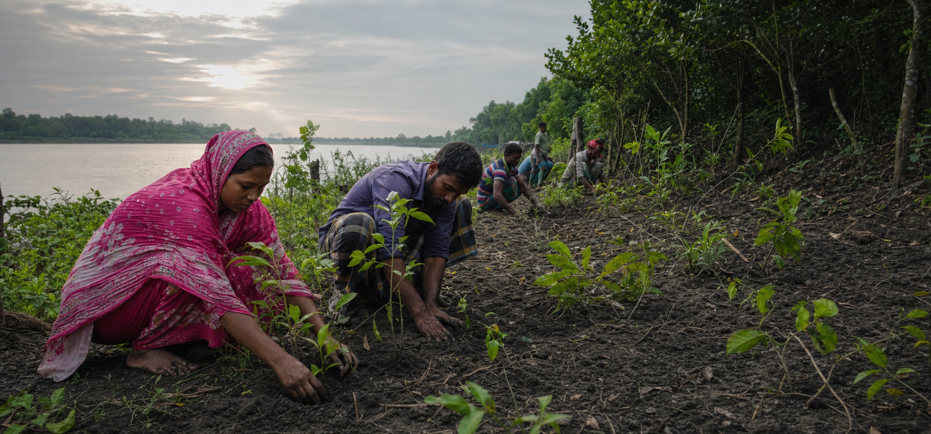 People from the bKash family planting saplings together on a rural riverbank